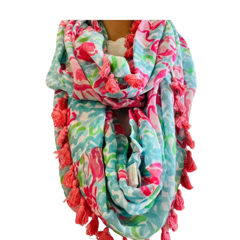 Lilly Pulitzer infinity scarf in a pink, blue & green with pink tassels.